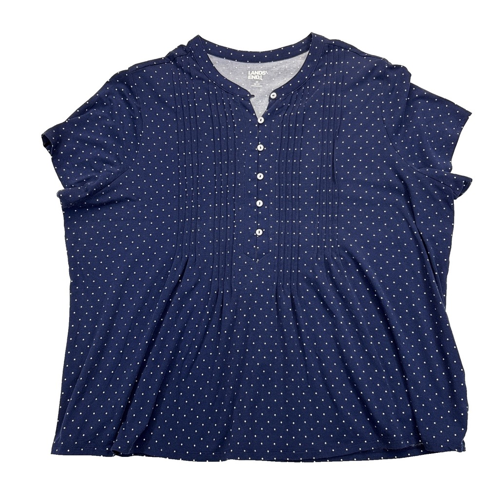 Lands' End 2X Navy Polka Dot Pintuck Top Preppy Nautical Style